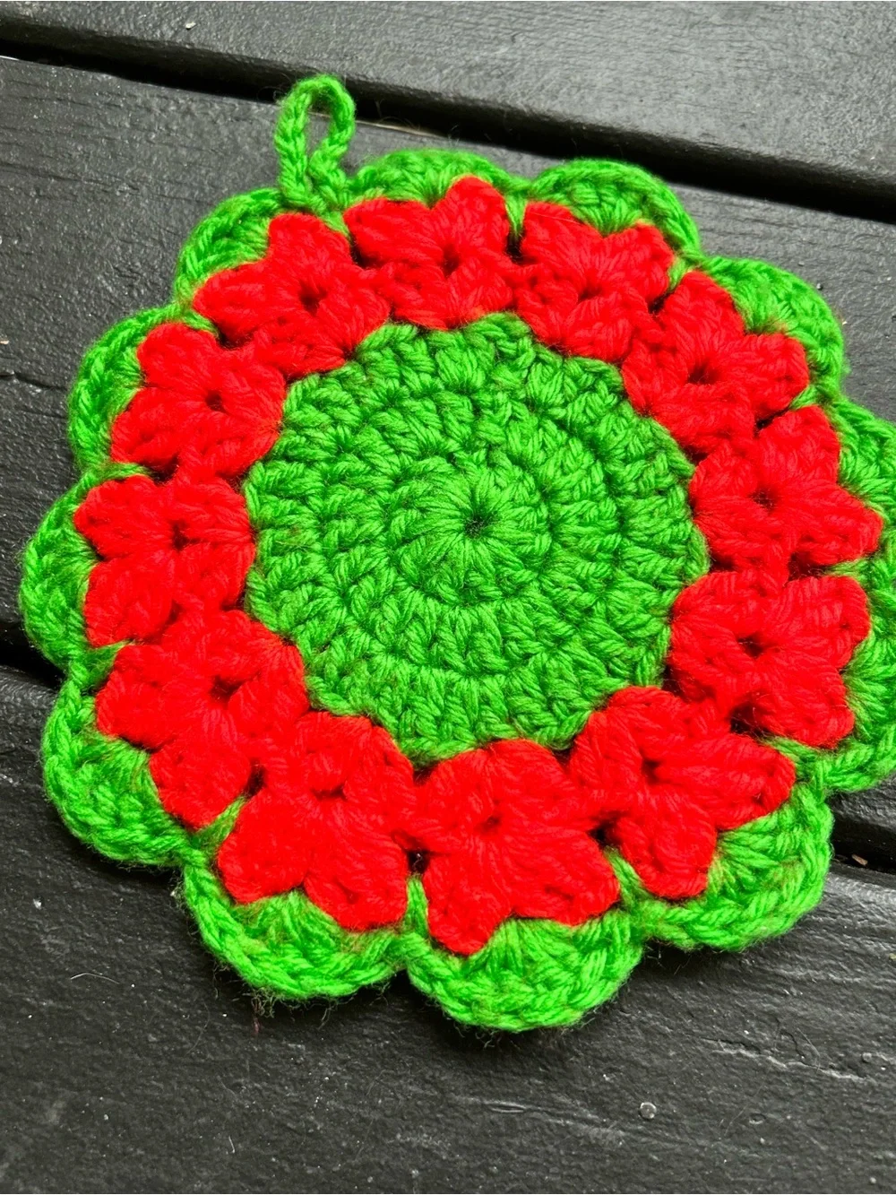 Handmade Crochet Green and Red Doilie Pot Holder hot pad Handmade Home Accent